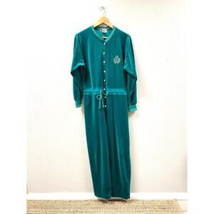 Vintage 80's Women's Teal Long-Sleeve Velour Jumpsuit Gold Embroidery Size Large